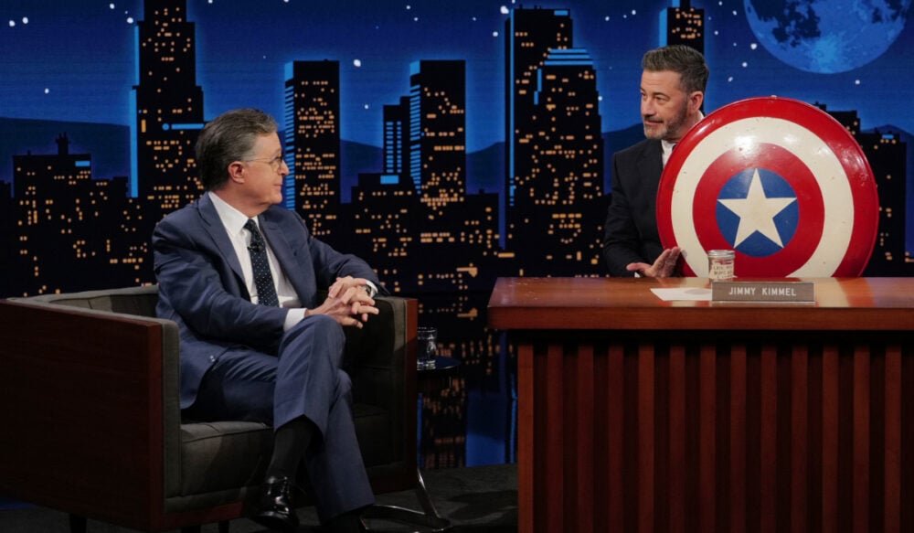 Stephen Colbert passes Mark Gruenwald’s Captain America shield to Jimmy Kimmel